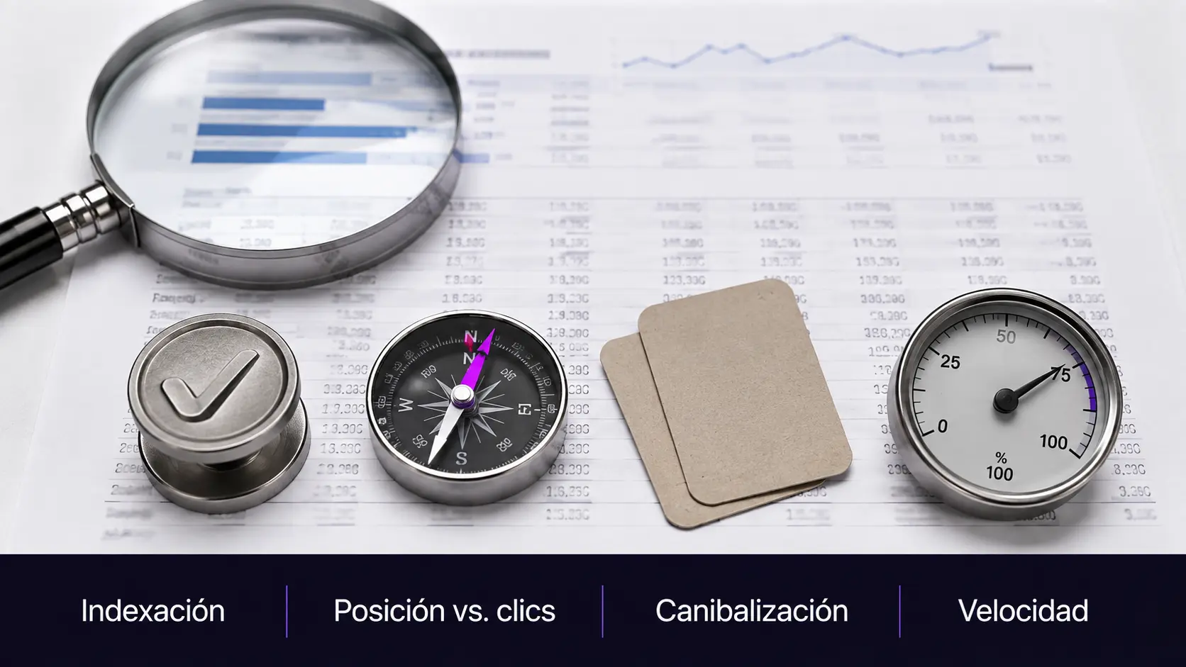 Los cuatro chequeos de una auditoría SEO básica: indexación, posición vs. clics, canibalización y velocidad