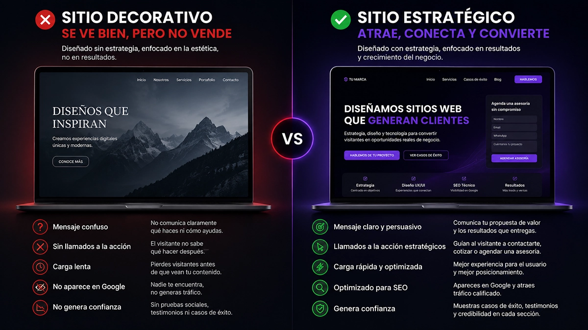 Comparativa de diseño web en Medellín: Sitio decorativo vs Sitio estratégico orientado a resultados — VokkoAgency