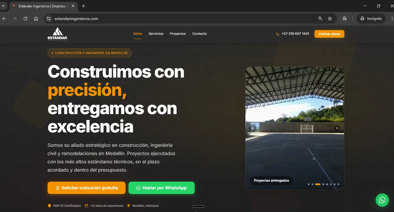 Sitio web Estándar Ingenieros - Construcción e ingeniería civil en Medellín, Colombia - Proyecto VokkoAgency