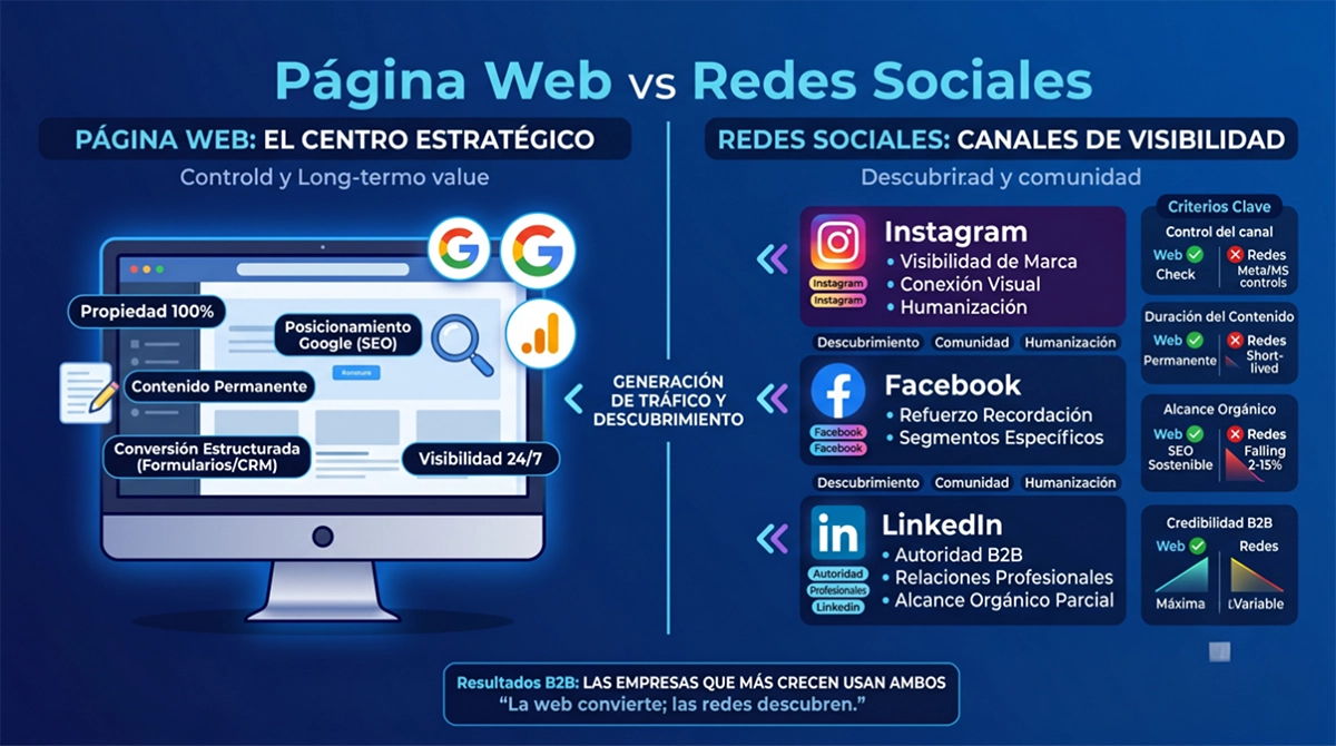 Comparativa estratégica entre Instagram, Facebook, LinkedIn y Página Web para generación de clientes B2B